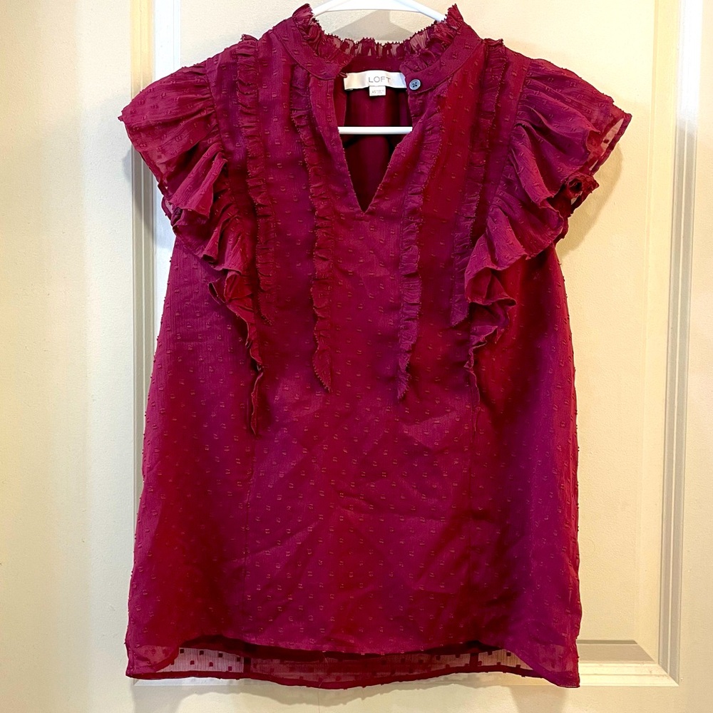 LOFT deep red ruffled blouse